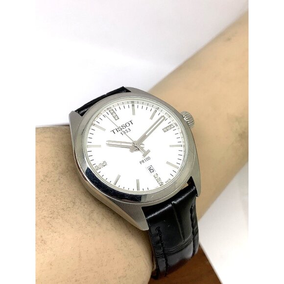 Tissot Women's Watch PR100 Swiss Quartz Diamond Silver Dial Black Leather 33mm - Picture 6 of 13